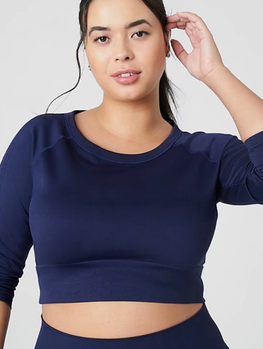 LIVI for Lane Bryant Navy Crewneck Crop Top With Thumbholes